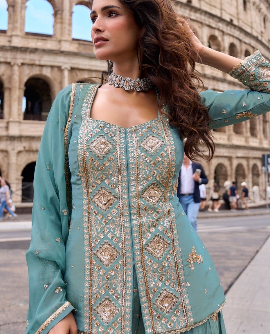 BLUE - Embroidered and Sequins Work Silk Salwar Suit In Aqua Blue Colour